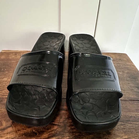 Coach Scarlett size 8 gloss black rubber block heel logo slides. - Picture 3 of 11